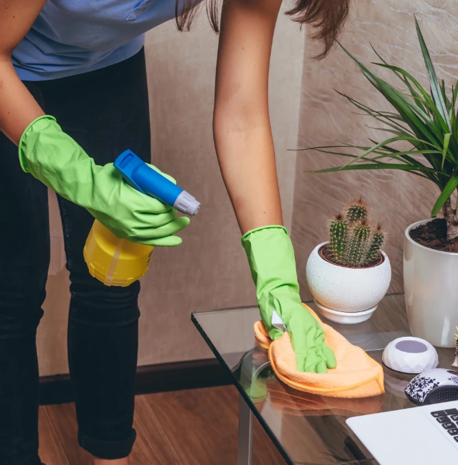 A woman making a glass table clean and flawless.